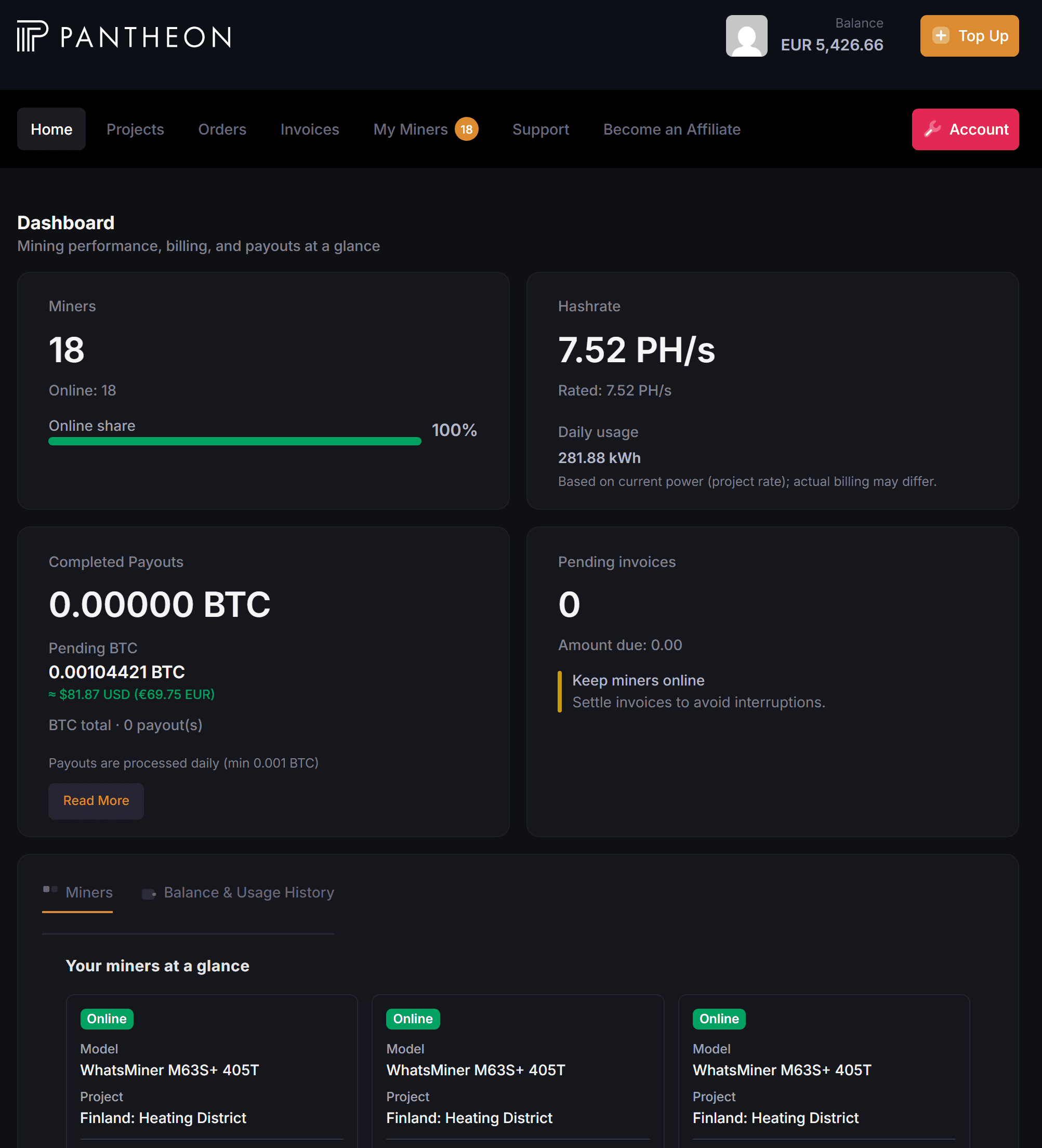 Pantheon Mining client portal dashboard showing miners, hashrate, payouts, invoices, and live miner status.