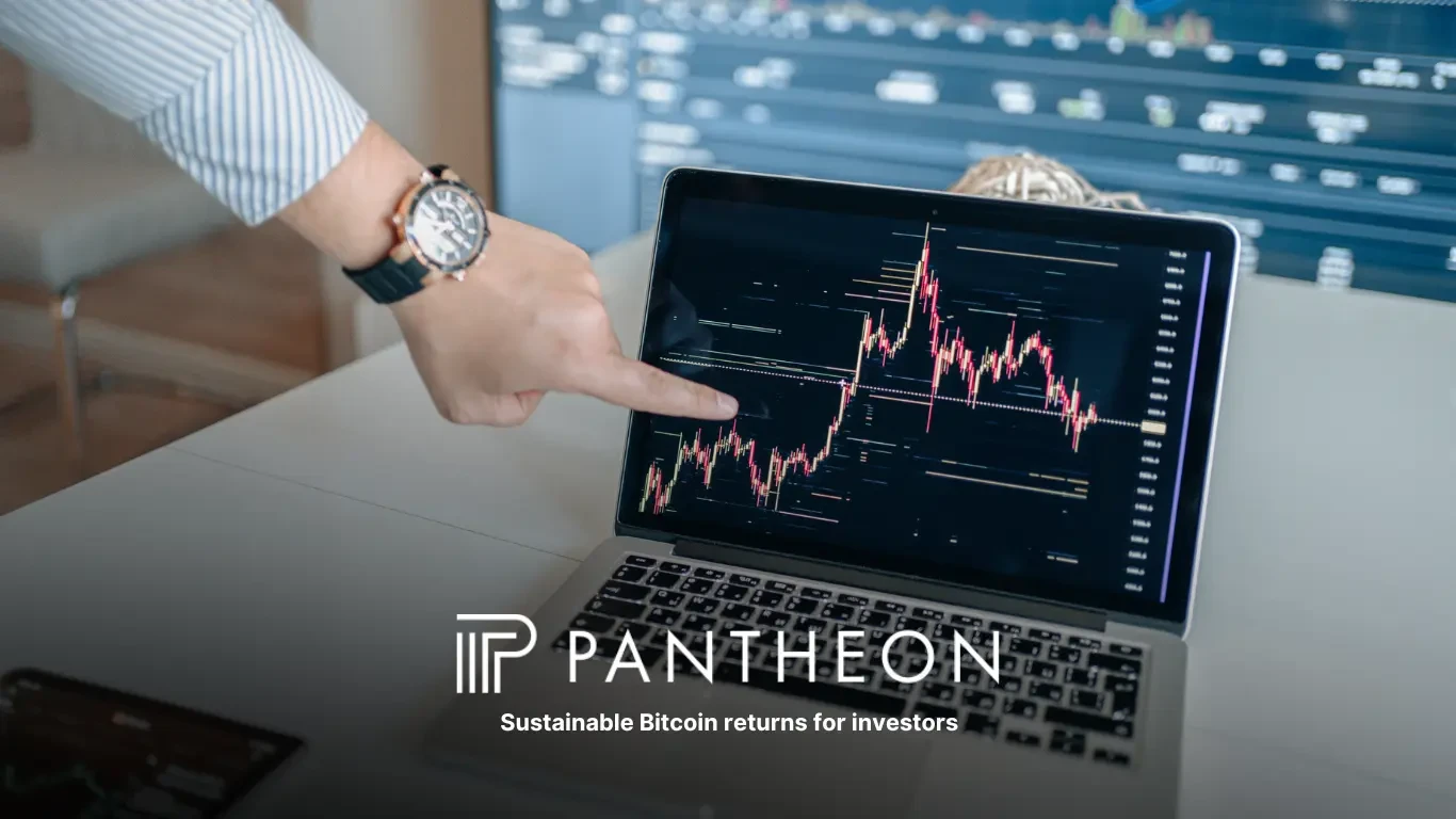 Person pointing at a laptop displaying a Bitcoin price chart, with Pantheon Mining branding overlaid.